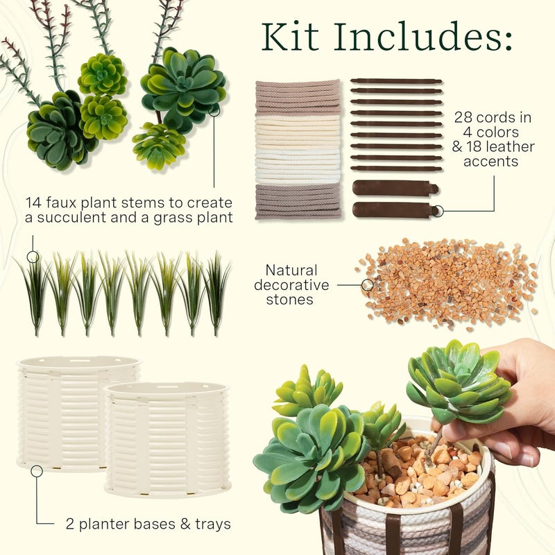 LifeLines FlowCrafts, Cord-Wrapped Planters - Create 2 Unique Planters with Cords in Multi-Colors, Leather Accents, Faux Plant Stems & Decorative Stones - Sensory Arts & Crafts Kit for Teens & Adults - Image 3